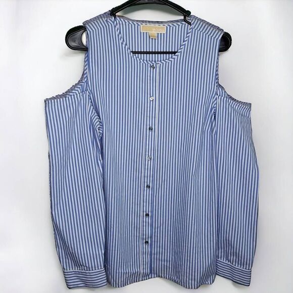 MICHAEL Michael Kors Vertical Stripe Cold Shoulder Button Down Blouse size Large - Picture 1 of 6